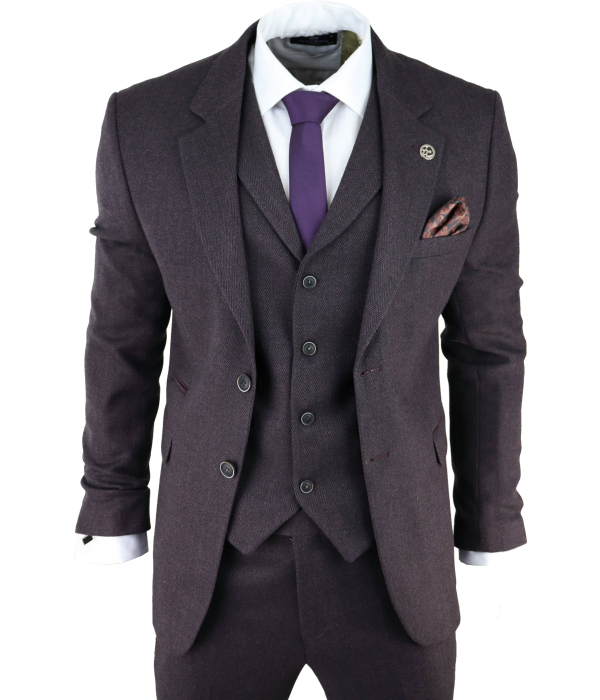 Men's Plum Herringbone Tweed 3 Piece Suit