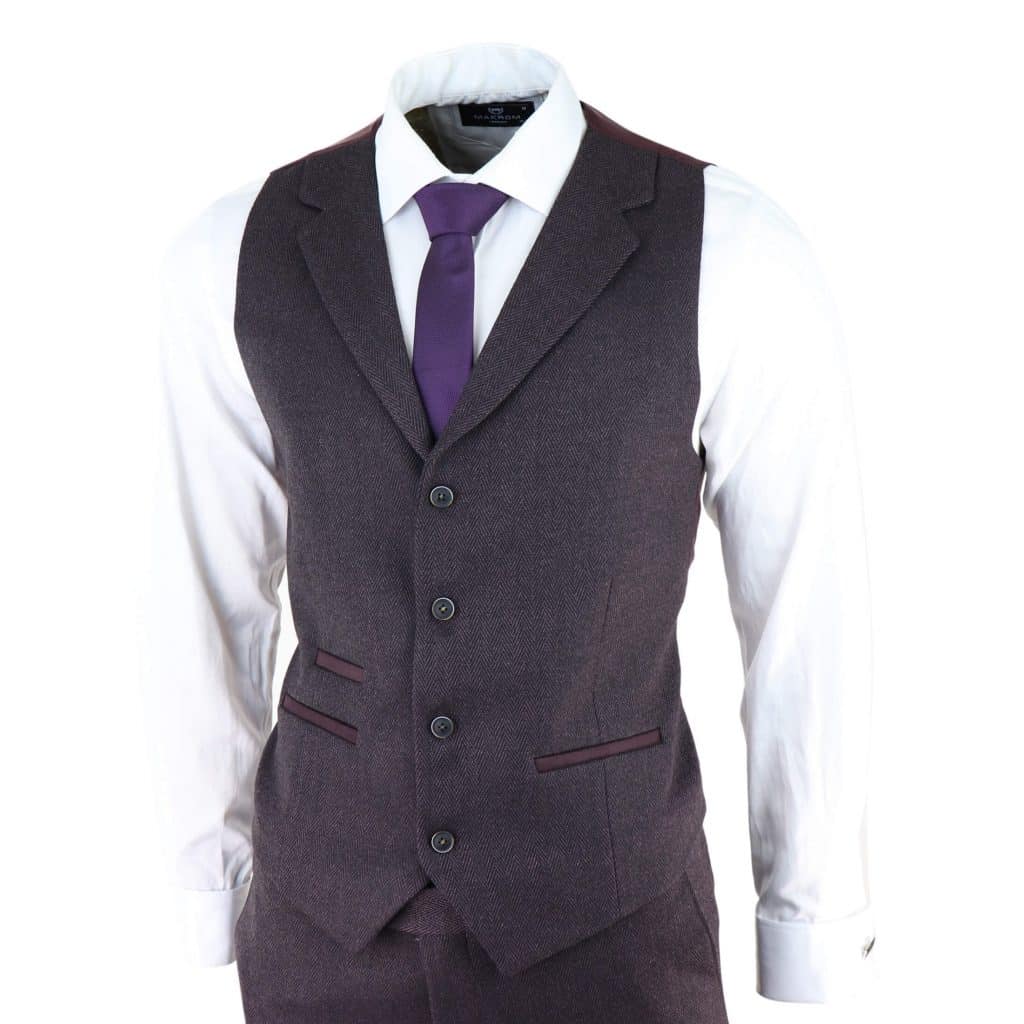 Men's Plum Herringbone Tweed 3 Piece Suit: Buy Online - Happy Gentleman