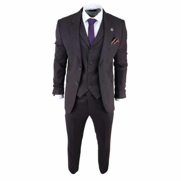 Men's Plum Herringbone Tweed 3 Piece Suit
