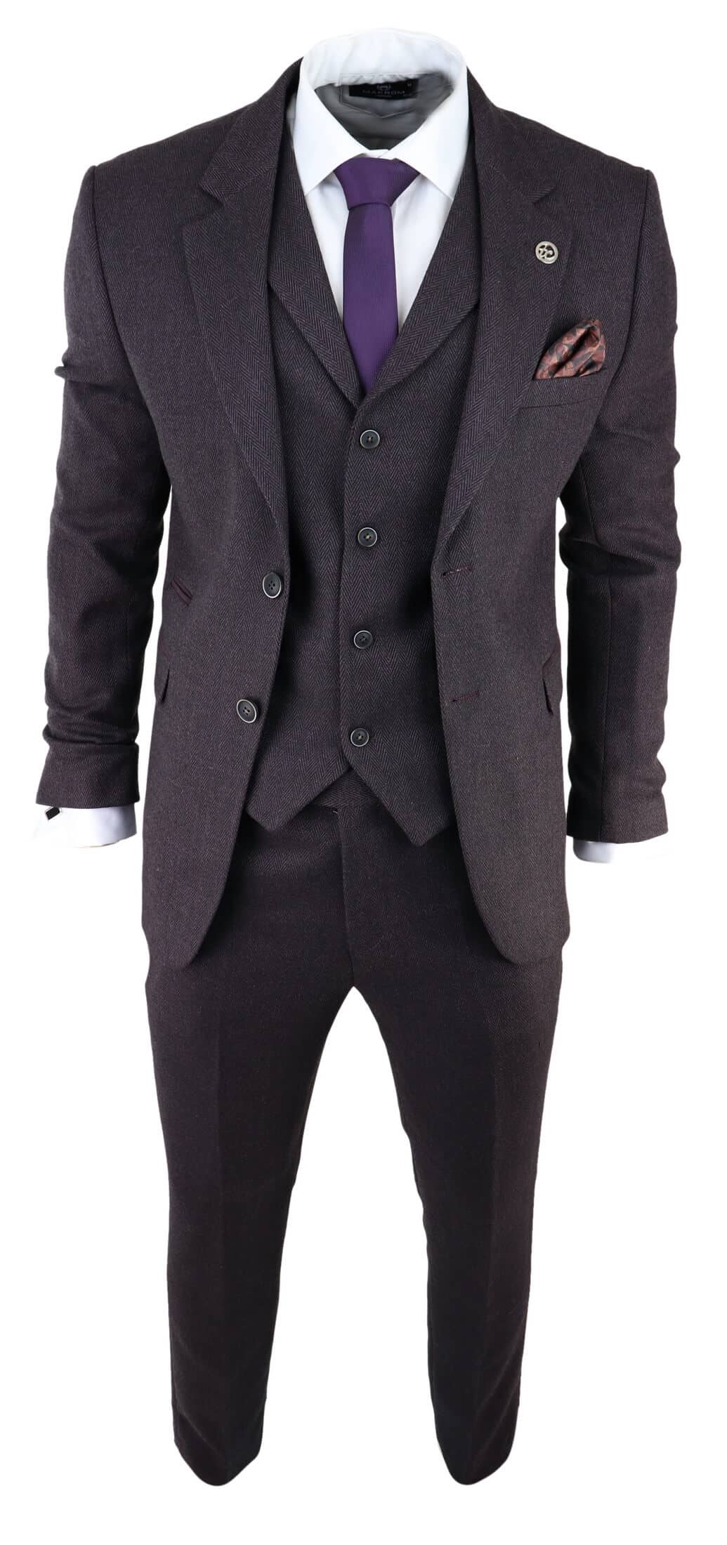 Men's Plum Herringbone Tweed 3 Piece Suit: Buy Online - Happy Gentleman