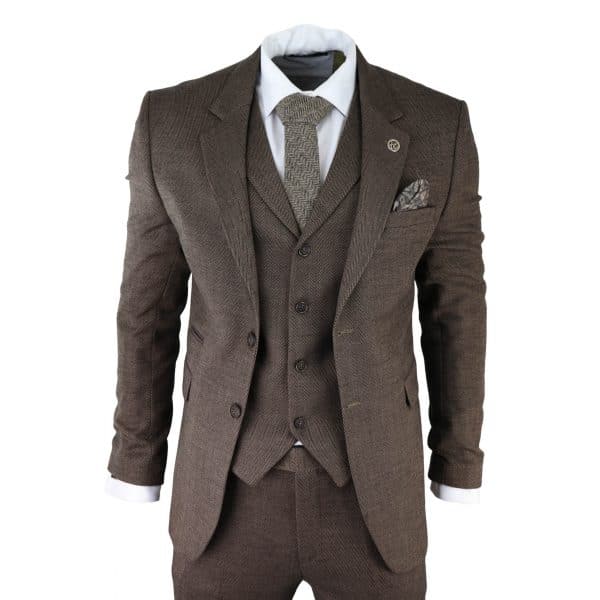 Mens 3 Piece Tweed Suit Oak Brown Herringbone Check Tailored Fit Peaky Blinders 