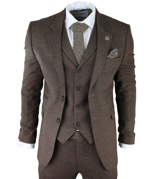 Men's Brown Herringbone Tweed 3 Piece Suit