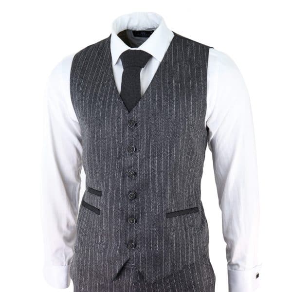 Men's Grey Pinstripe Herringbone Tweed 3 Piece Suit