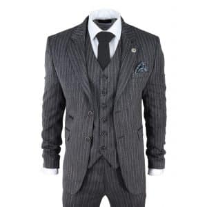 Men’s Grey Pinstripe Herringbone Tweed 3 Piece Suit