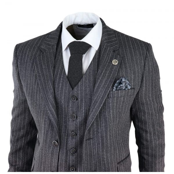 Men's Grey Pinstripe Herringbone Tweed 3 Piece Suit