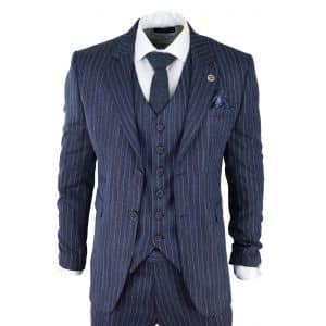 Men’s Blue Pinstripe Herringbone Tweed 3 Piece Suit