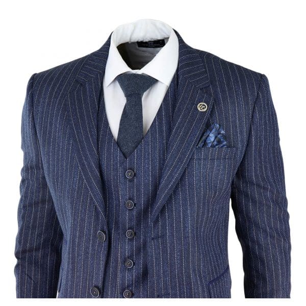 Blauer Nadelstreifen-Anzug aus Tweed mit Fischgrätenmuster, 3 Teile