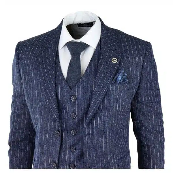 Men's Blue Pinstripe Herringbone Tweed 3 Piece Suit