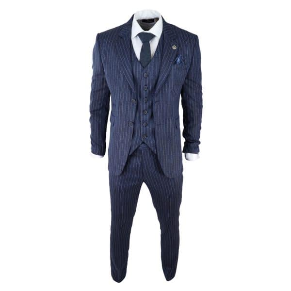 Men's Blue Pinstripe Herringbone Tweed 3 Piece Suit