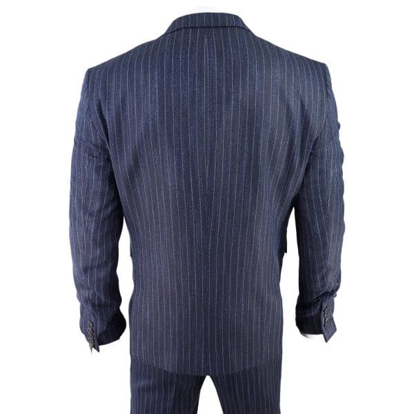 Blauer Nadelstreifen-Anzug aus Tweed mit Fischgrätenmuster, 3 Teile