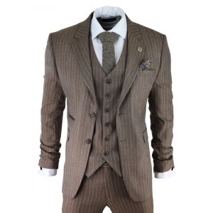 Men’s Oak Brown Pinstripe Herringbone Tweed 3 Piece Suit