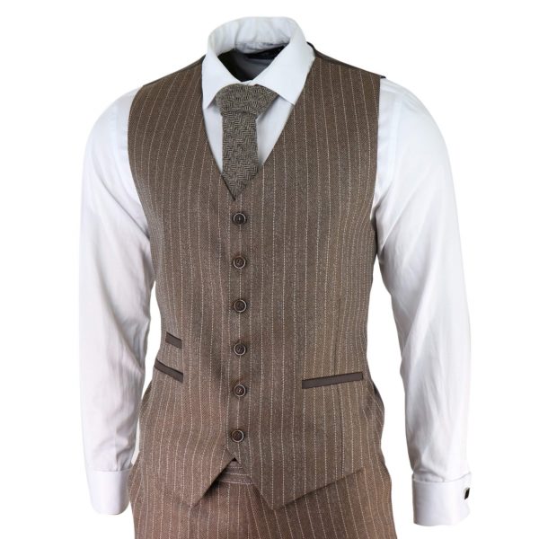 Men's Oak Brown Pinstripe Herringbone Tweed 3 Piece Suit