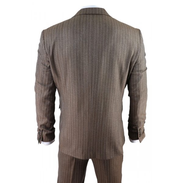 Men's Oak Brown Pinstripe Herringbone Tweed 3 Piece Suit