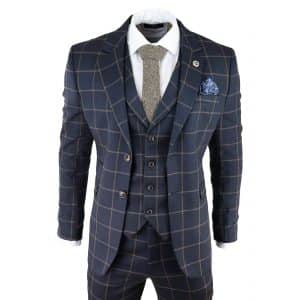 Men’s Navy-Blue Windowpane Check 3 Piece Suit