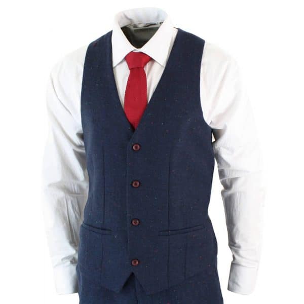 Men's 3 Piece Navy-Blue Slim Fit Suit with Wine Trim