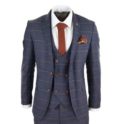 Men's Blue Check Suit with Double Breasted Waistcoat