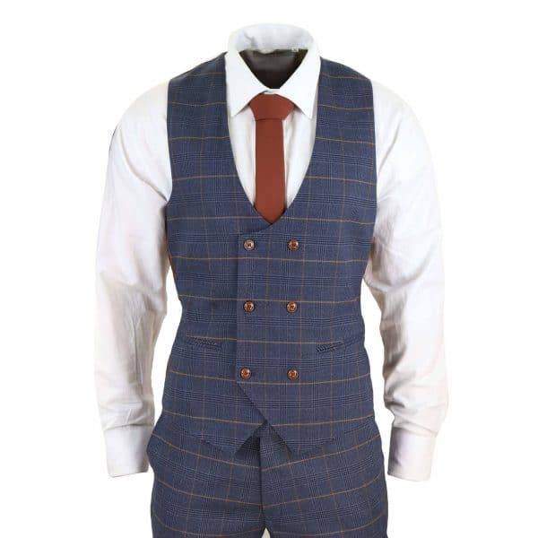 Men's Blue Check Suit with Double Breasted Waistcoat