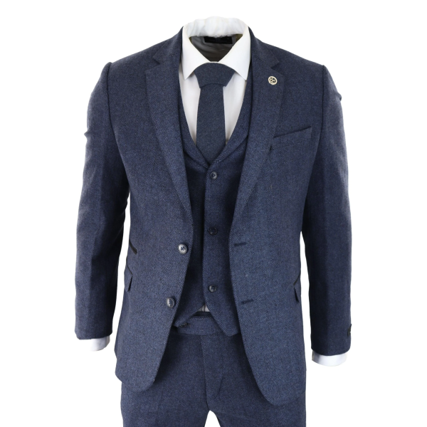 Mens Blue Herringbone Tweed 3 Piece Suit: Buy Online - Happy Gentleman