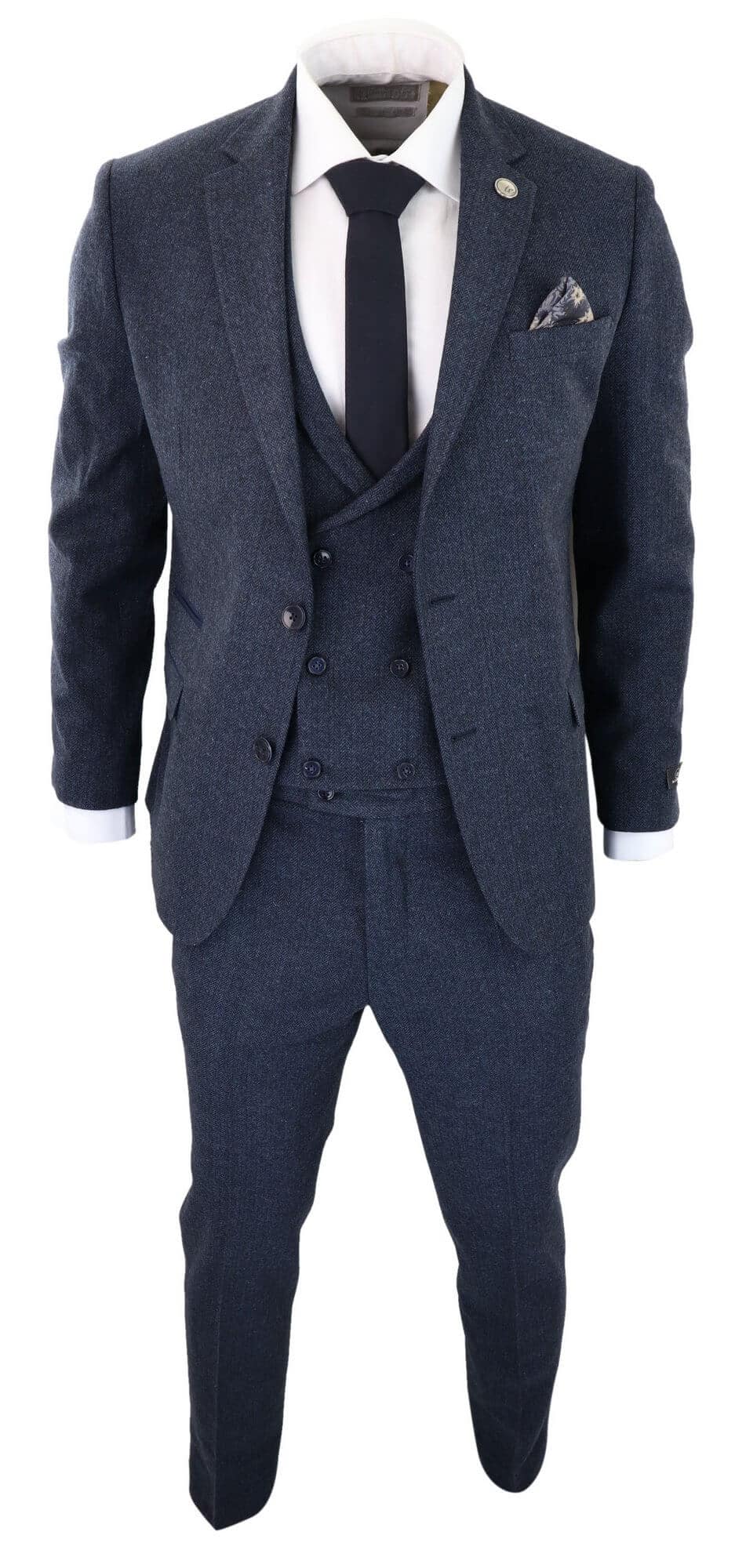 Mens Blue Herringbone Tweed 3 Piece Suit: Buy Online - Happy Gentleman