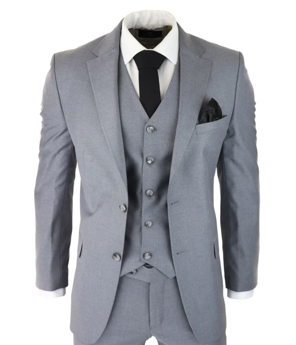 Mens Classic Grey 3 Piece Suit Slim Fit Vintage Retro Smart Formal Wedding