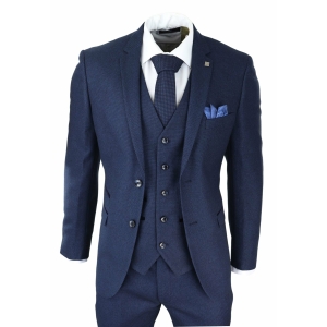Herren Marineblau 3 Stück Anzug Birdseye Anzug Hochzeit Prom Formal Smart Klassisch