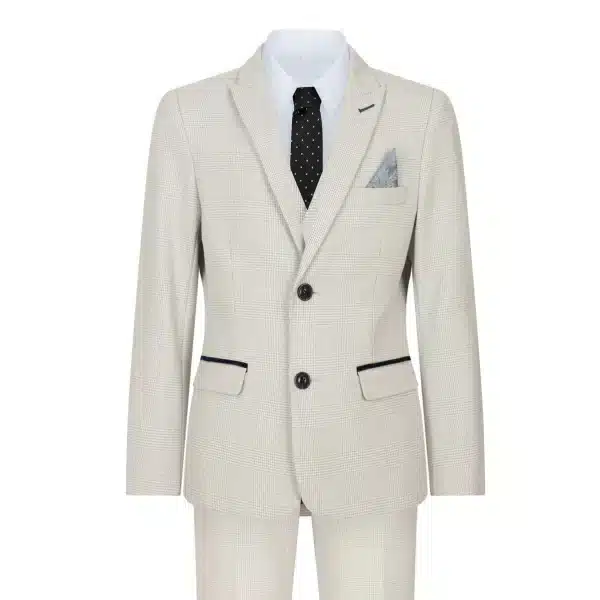 Boys 3 Piece Cream Tweed Wedding Party Check Suit Tailored Fit Smart Formal