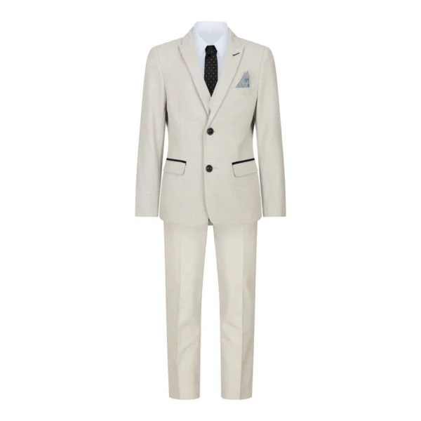 Boys 3 Piece Cream Tweed Wedding Party Check Suit Tailored Fit Smart Formal