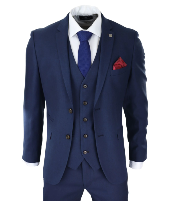 Mens Navy 3 Piece Suit Tailored Fit Smart Formal Classic Wedding Retro Vintage