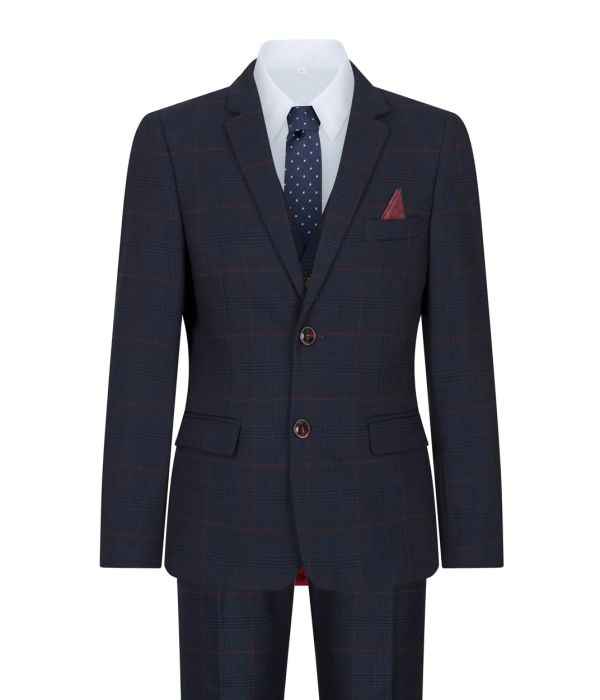 Boys Navy Check 3 Piece Suit Red Edinson Marc Darcy Classic Vintage Wedding