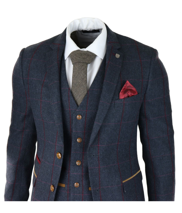 Mens Herringbone Tweed 3 Stück Navy Rot Check Anzug Vintage 1920er Jahre Tailored Fit