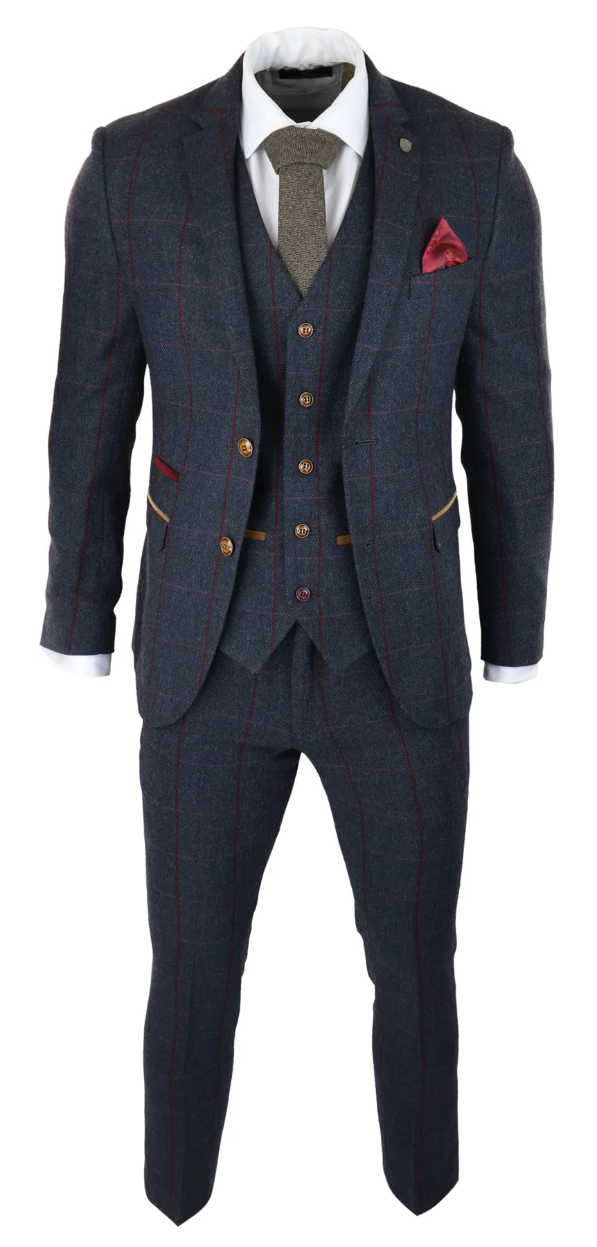 Mens Herringbone Tweed 3 Piece Navy Red Check Suit Vintage 1920s Tailored  Fit: Buy Online - Happy Gentleman