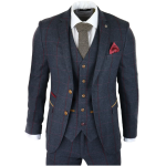 Mens Herringbone Tweed 3 Piece Navy Red Check Suit Vintage 1920s Tailored Fit - 42UK Jacket/Waistcoat + 36W Trousers