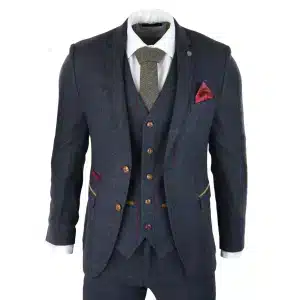 Mens Herringbone Tweed 3 Stück Navy Rot Check Anzug Vintage 1920er Jahre Tailored Fit