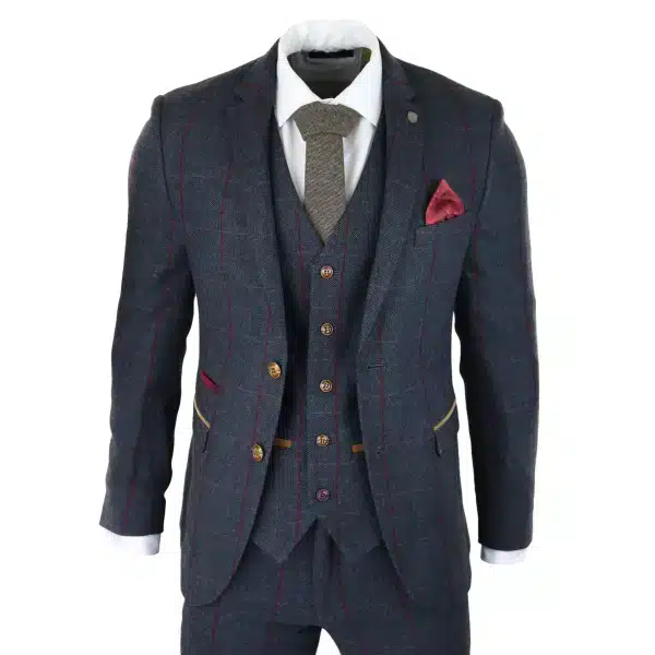 Mens Herringbone Tweed 3 Piece Navy Red Check Suit Vintage 1920s Tailored Fit