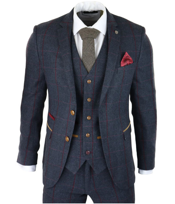 Mens Herringbone Tweed 3 Piece Navy Red Check Suit Vintage 1920s Tailored Fit