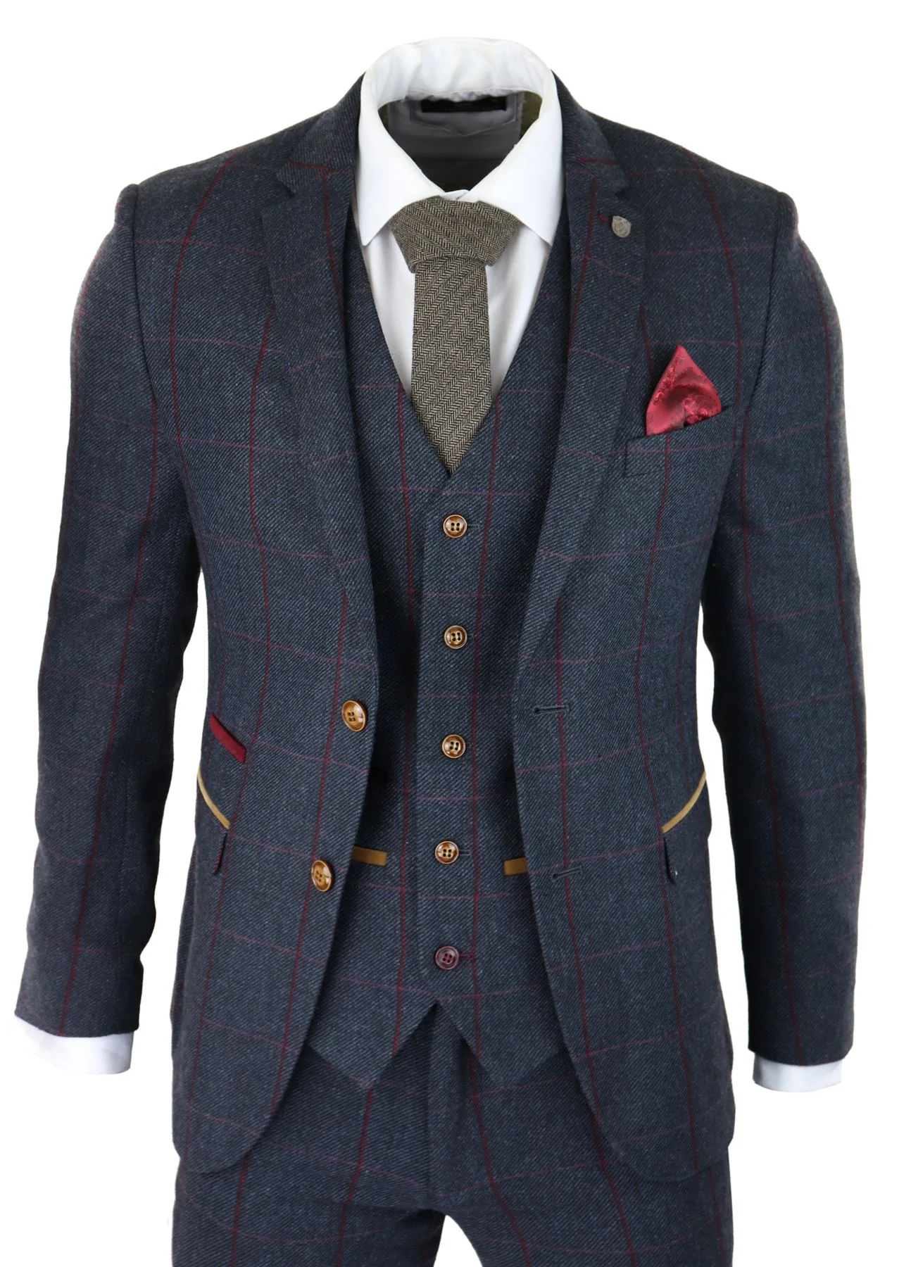 Mens Herringbone Tweed 3 Piece Navy Red Check Suit Vintage 1920s ...