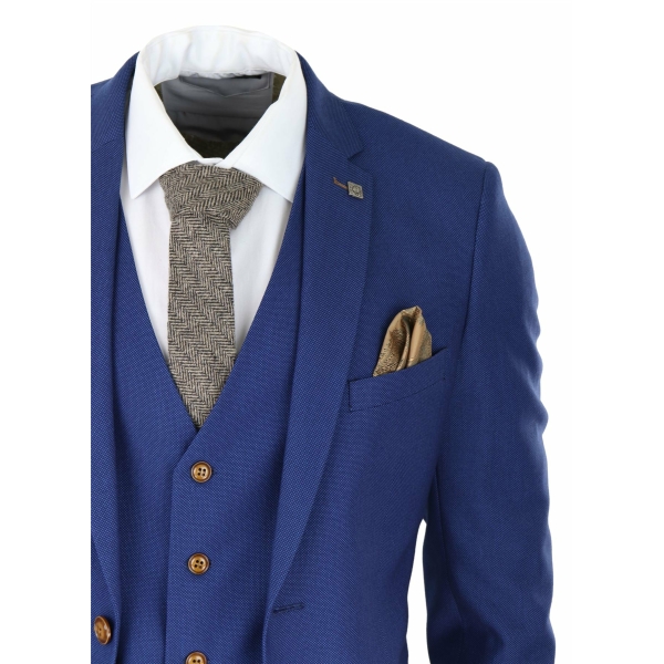Mens Royal Blue 3 piece Suit Brown Trim Classic Birdseye Vintage Wedding Grooms