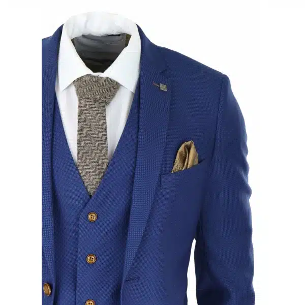 Mens Royal Blue 3 piece Suit Brown Trim Classic Birdseye Vintage Wedding Grooms