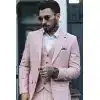 Mens Herringbone Tweed 3 Piece Suit Pink Blush Retro Vintage Short Reg Long