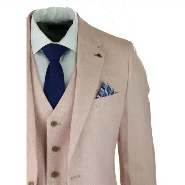 Mens Herringbone Tweed 3 Piece Suit Pink Blush Retro Vintage Short Reg Long