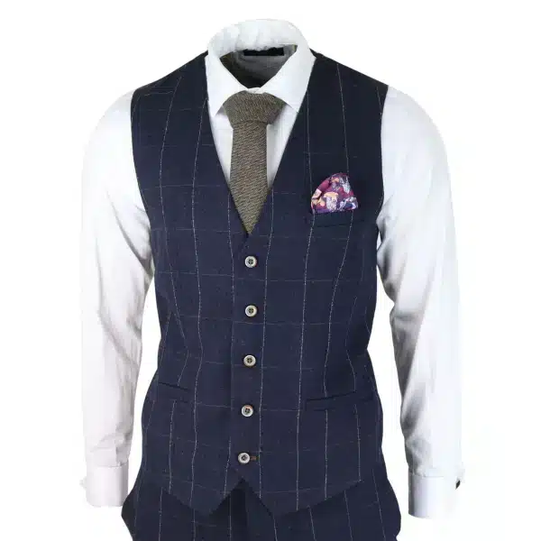 Mens Navy Check 3 Piece Suit Wool Tweed Classic 1920s Vintage Tailored Fit Wedding