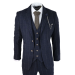 Mens Navy Check 3 Piece Suit Wool Tweed Classic 1920s Vintage Tailored Fit Wedding - 36UK Jacket/Waistcoat + 30W Trousers