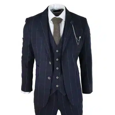 Mens Navy Check 3 Piece Suit Wool Tweed Classic 1920s Vintage Tailored Fit Wedding