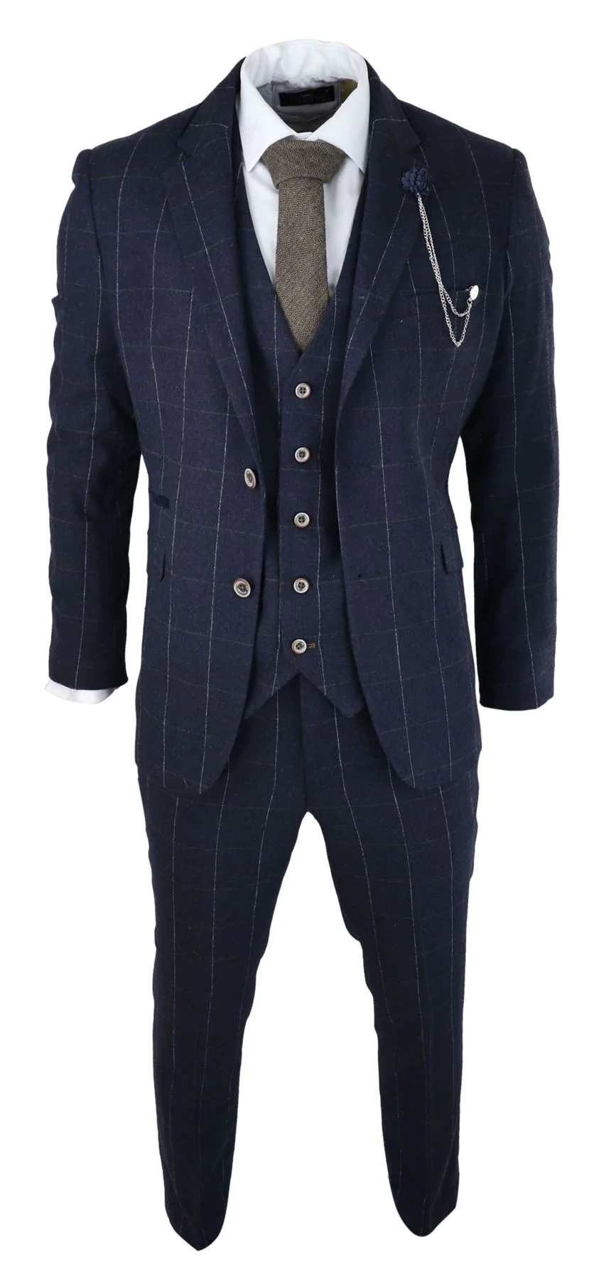 Mens Wool 3 Piece Check Suit Tweed Navy Grey Tailored Fit Peaky Blinders 1920s 