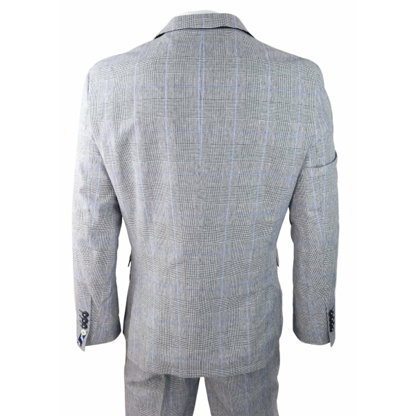 Mens 3 Piece Summer Suit Grey Check Blue Black Tailored Fit Classic Wedding Formal