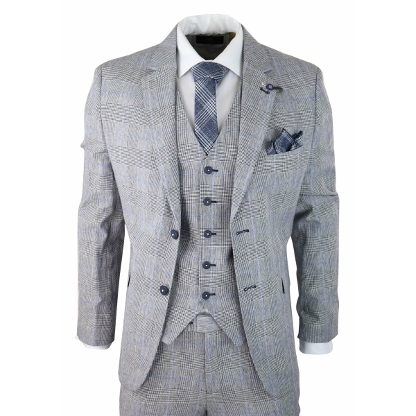 Mens 3 Piece Summer Suit Grey Check Blue Black Tailored Fit Classic Wedding Formal