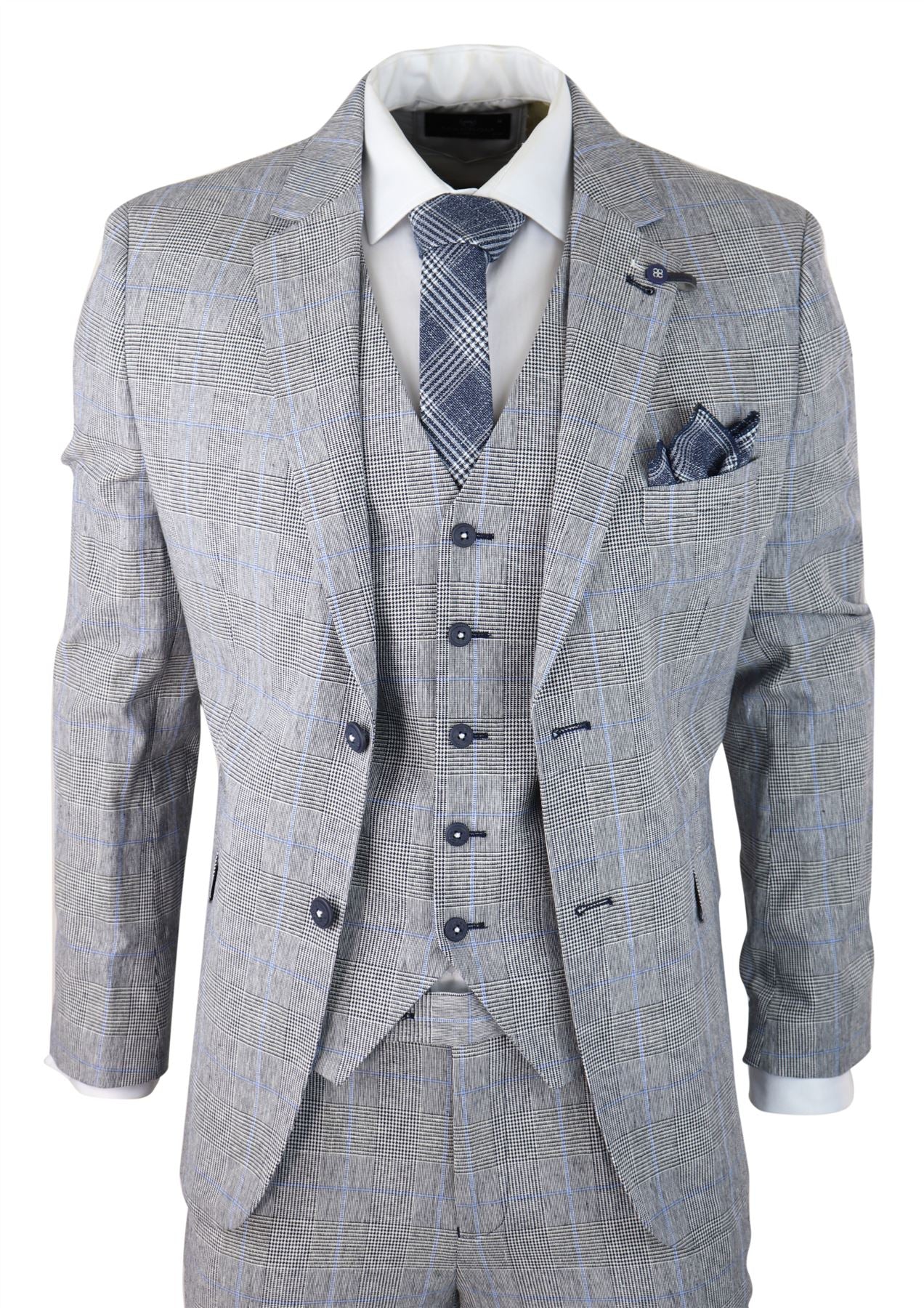 Mens 3 Piece Summer Suit Grey Check Blue Black Tailored Fit Classic ...