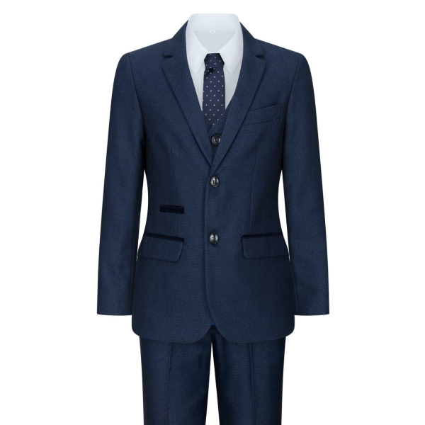 Boys Navy Blue 3 Piece Tweed Birdseye Suit Smart Formal Wedding Classic 1920s
