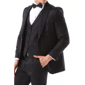 Mens 3 Piece Black Tuxedo Formal Wedding Prom Party Satin Bow Tie Dinner Suit