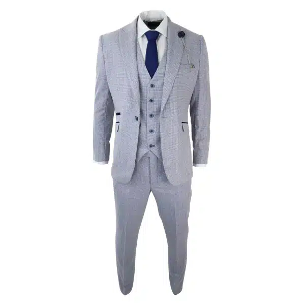 Mens 3 Piece Check Suit Tweed Light Blue Tailored Fit Wedding Peaky Classic